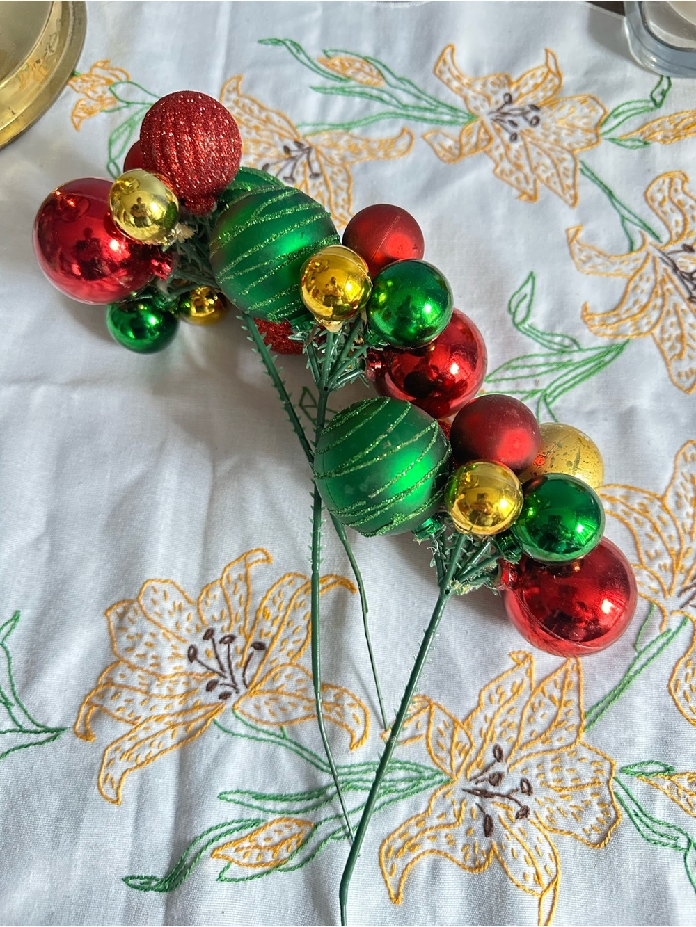 Vintage Christmas Ornament Picks Red Green Gold Glitter Ball Set of 3